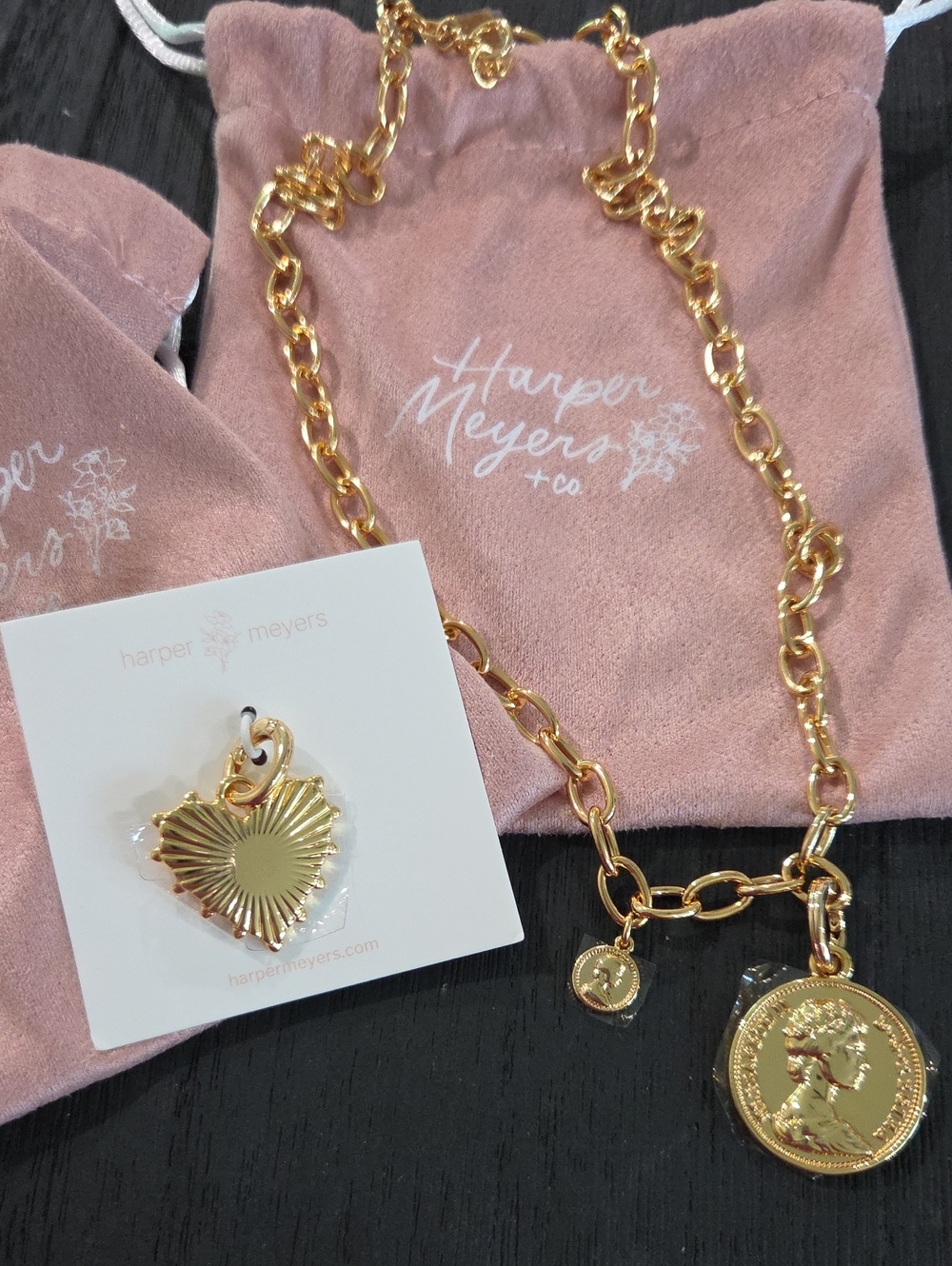 New Harper Meyers  Necklace with Coin and Heart Charms